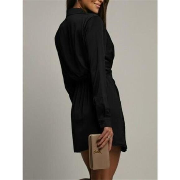 Collared Neck Long Sleeve Satin Dress - Picture 3 of 12